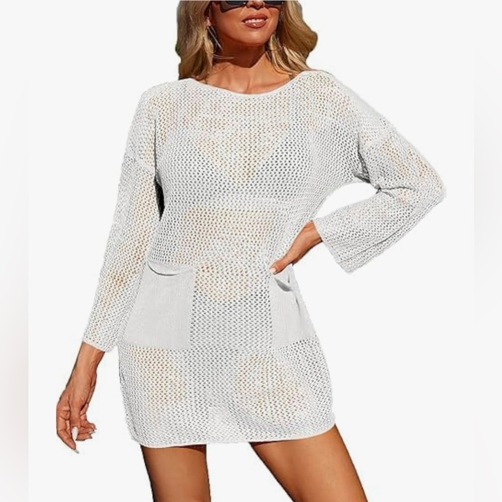 Elegant White Knit Swim Cover-Up M